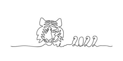 Continuous one line silhouette of a tiger on a white background.Continuous one line of New Year 2022 in silhouette. Minimal style. Perfect for cards, party invitations, posters, sticker vector