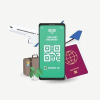 un pasaporte y un teléfono inteligente con certificado de vacunación contra la enfermedad covid-19. centrarse en el teléfono inteligente. concepto de pasaporte de salud. viajar el mundo. vector