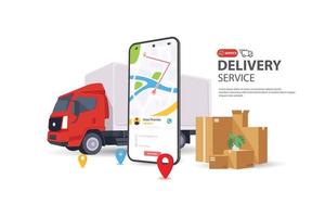 Delivery man with a box and white Van car. Vector illustration in flat style