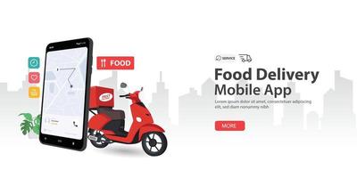 Fast delivery by scooter on smartphone. Order package in E-commerce by app with background white silhouette city . Vector illustration