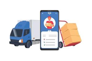 Logistic cargo mobile courier or freight delivery service transportation vector, flat cartoon truck automobile with warehouse parcel packages and cellphone or phone city map pin track vector