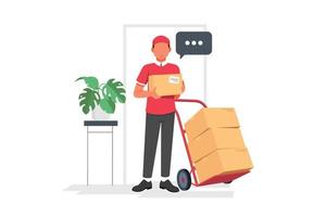 Digital Online Shop Global logistic Truck and Smiling young male postal delivery courier man in front of cargo van delivering package. 3D vector Illustration