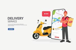 servicio de entrega de alimentos, mensajería y envío de scooters con un teléfono inteligente móvil vector