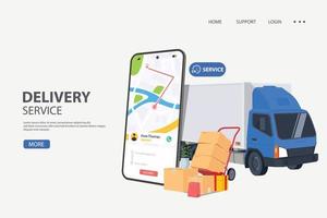 Online order tracking or freight delivery service transportation vector, flat cartoon truck automobile with warehouse parcel packages and cell phone or phone city map pin track vector