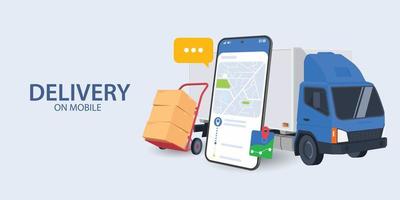 Date of Delivery service courier and truck shipping with a mobile smart phone on blue background vector