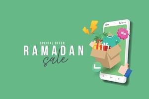 plantilla de banner de venta de ramadán con regalo de caja de cartón compras en línea en aplicaciones móviles vector