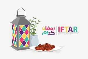 concepto de volante de celebración de comida iftar de diseño plano colorido. dátiles dulces, linterna y plato de dátiles. mes sagrado islámico, ramadán kareem. página de inicio web, banner, presentación, medios sociales o impresos vector