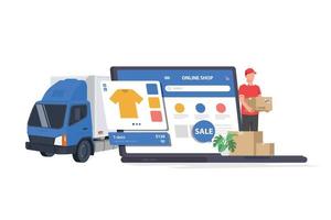 Product package boxes and shopping bag in cart with laptop computer which web store shop on screen for online shopping and delivery concept vector