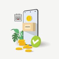 Putting gold coin and money online  in donation box on mobile phone  backgound. vector illustration in flat style, infographics web design elements