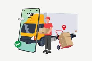 Success Delivery vector illustration. Laptop with open website app for order tracking with map. Fast respond delivery package shipping on mobile. E-store. Isolated on white background