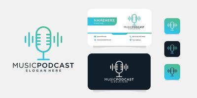 diseño de logotipo de micrófono de monograma de podcast de música con plantilla de tarjeta de visita