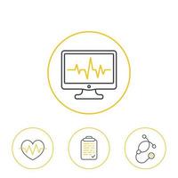 ecg, electrocardiography, cardiology, heart diagnostic, treatment icons vector