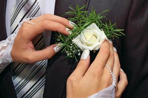 hands fiancee on the buttonhole of groom photo