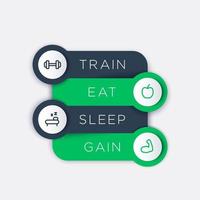 Train, eat, sleep, step labels with fitness line icons, basic training principles vector