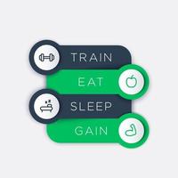 Train, eat, sleep, step labels with fitness line icons, basic training principles vector