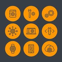 development, engineering, configuration line icons set, settings, installation, gears pictograms vector