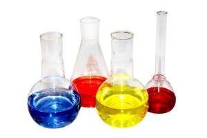 laboratory beakers with the coloured liquid photo