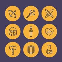 Game line icons set, RPG, fantasy, magic wand, knight, bow, helmet, swords, armor, potion, vector illustration