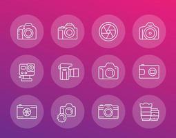 camera, photography line icons set, lenses, dslr, aperture, compact and action camera vector