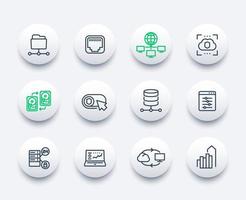 servers, networks, data storage, cloud solutions, database, hosting line icons set vector