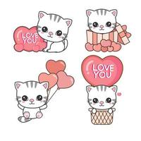 Set of cute cat in love for Valentine day. Animal cartoon style. vector