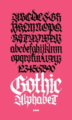 Gothic. Vector. Uppercase and lowercase letters on a pink background. Beautiful and stylish calligraphy. Elegant European typeface for tattoo. Medieval modern style. Letters and numbers.