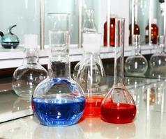 laboratory beakers with the coloured liquid photo