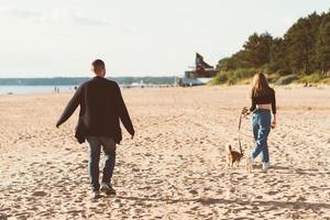 Back view of young happy couple and dog walking on beach. Handsome man and beautiful woman photo