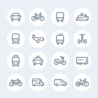 Transport line icons in circles, car, ship, train, airplane, van, bike, motorbike, camper, bus, taxi, trolleybus, subway vector