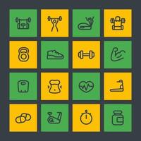 fitness and gym training line icons set, workout, exercise, trainers, bodybuilding, sport nutrition vector