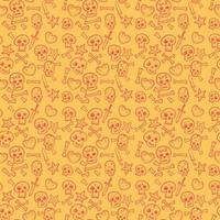 pattern with skulls and hearts, bones, daggers, seamless background in red and yellow vector