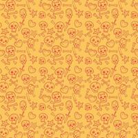 pattern with skulls and hearts, bones, daggers, seamless background in red and yellow vector