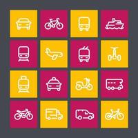 iconos de la línea de transporte, barco, tren, avión, bicicleta, coche, moto, autocaravana, autobús, taxi, trolebús, metro, aire y mar vector