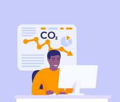 co2 gas, carbon emission reduction, man analyzing data at computer vector