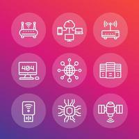 network, internet data technology line icons set, server, usb modem, router, cloud computing vector