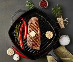 Keto ketogenic diet medium beef steak, fried striploin on grill pan. Paleo food