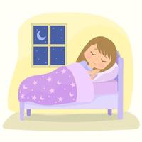 Girl sleeping at night. Woman sleep in bed under duvet cover. vector