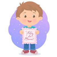 Little boy holding a drawing for mum. Happy Mother's day. vector