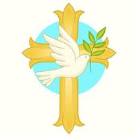 A white dove carries in its beak an olive branch on a golden cross. vector