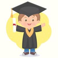 Cute boy graduates, dressed in cap and gown, with diploma in hand. vector