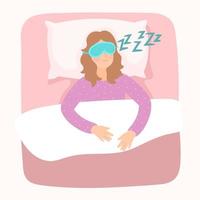 Happy young woman in blindfold eye mask on face sleeping in bed. vector