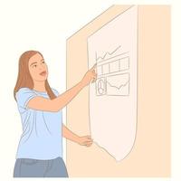 A student girl makes a presentation for her classroom at the blackboard. vector
