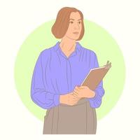 Teacher woman holding folder. Education in high school university college concept. vector