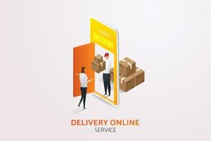 Employees deliver goods to customers via smartphones. vector