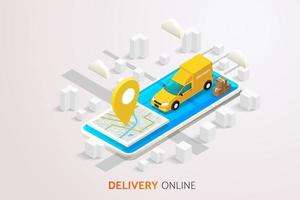 Delivery trucks and delivery boxes on mobile phone screen on map background and road. vector