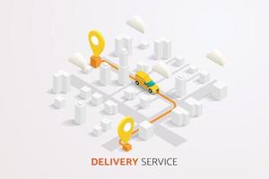 Delivery trucks and delivery boxes on map background and road. vector