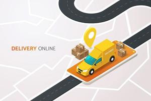 Delivery trucks and delivery boxes on mobile phone screen on map background and road. vector