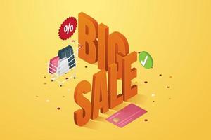 Big sale big discount, paper bag on cart, credit cardon yellow background. vector
