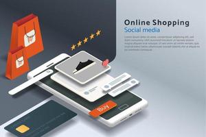 Online shopping via smartphone with online store in social media vector