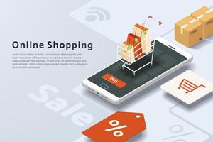 Online shopping via smartphone, paper bags on cart, parcel box, credit card, icon shopping cart vector